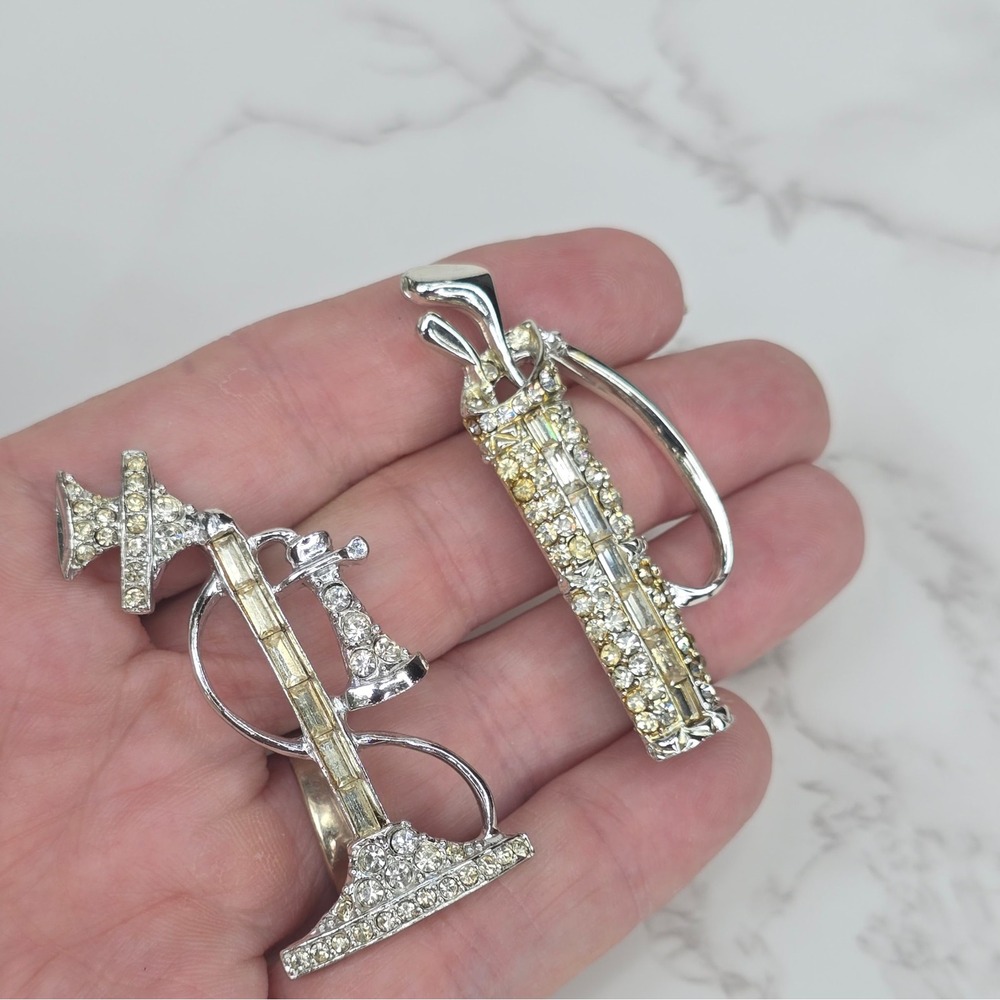 Vintage Silver Tone Rhinestone Golf Bag and Candlestick Telephone Brooch Pin Set